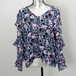 NWT Vince Camuto Navy Floral Tiered Ruffle-Sleeve V-Neck Top -Large